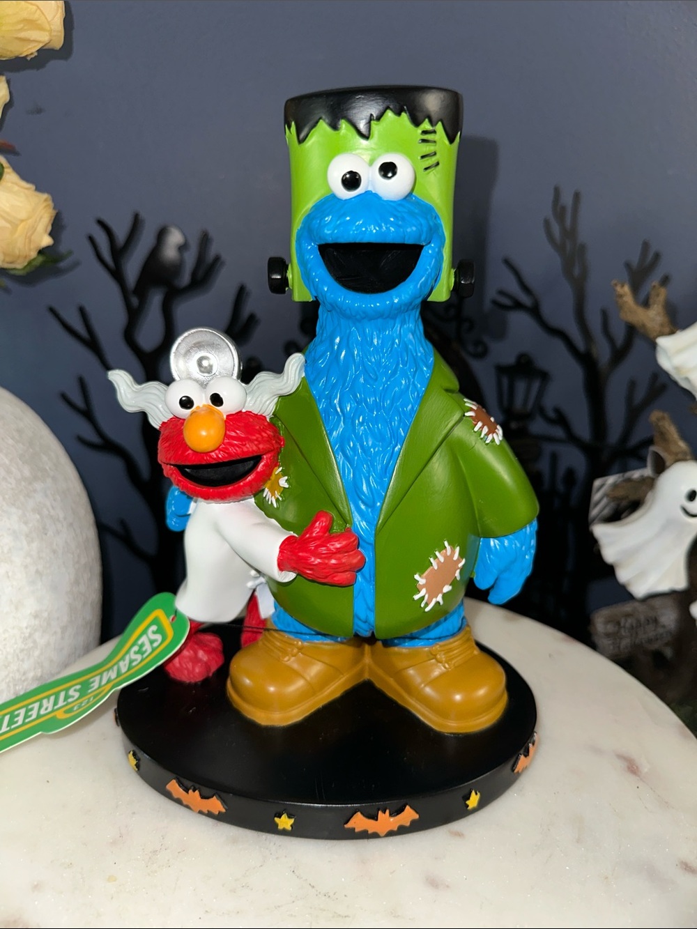 Sesame Street Cookie Monster Frankenstein & Elmo Halloween Figurine - Blue, Gree